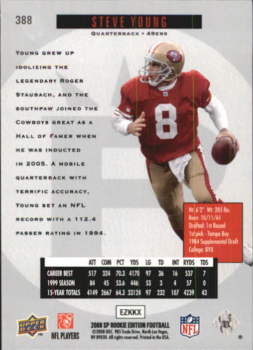 2008 SP Rookie Edition #388 Steve Young 96 back image