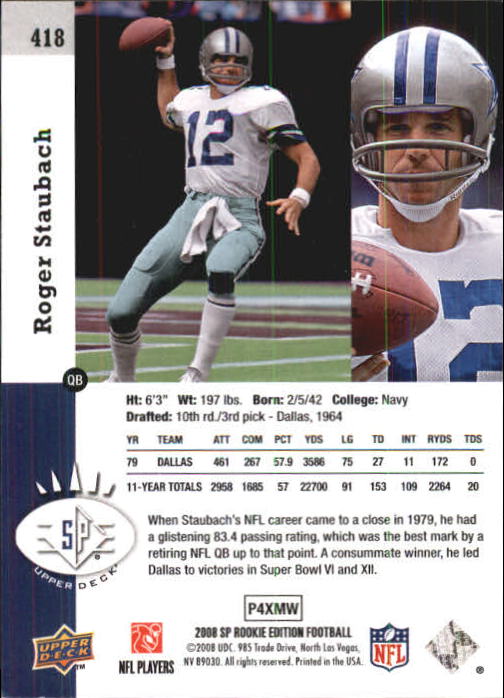 2008 SP Rookie Edition #418 Roger Staubach 93 back image