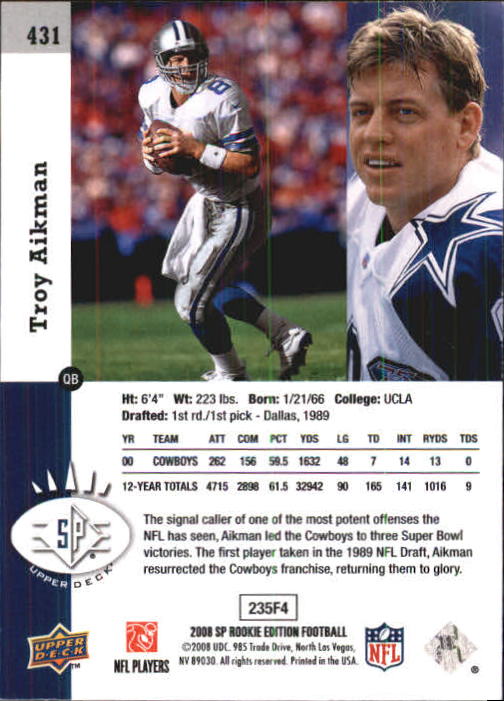 2008 SP Rookie Edition #431 Troy Aikman 93 back image