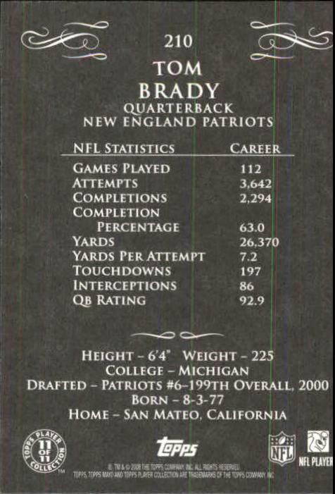 2008 Topps Mayo #210 Tom Brady SP back image