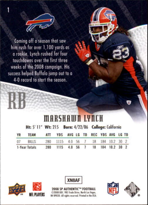 2008 SP Authentic #1 Marshawn Lynch back image
