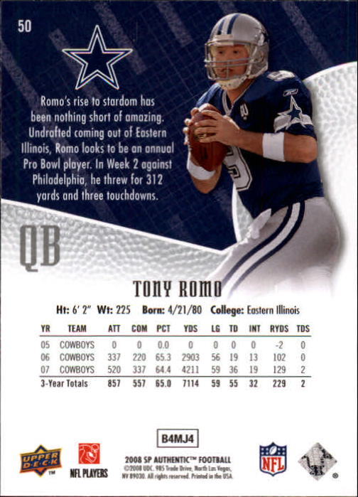 2008 SP Authentic #50 Tony Romo back image