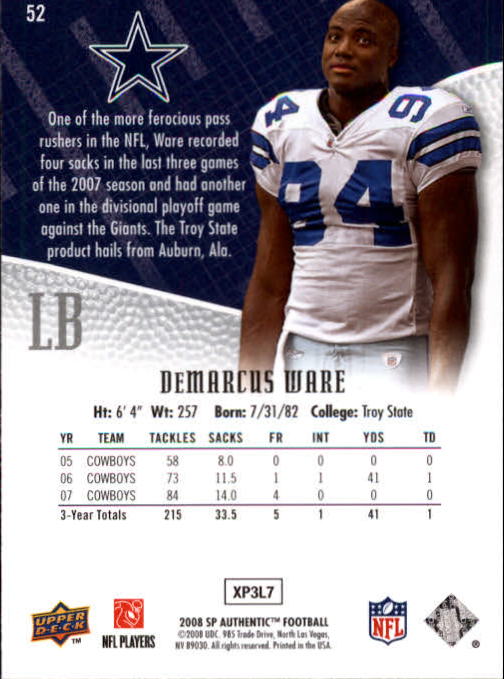 2008 SP Authentic #52 DeMarcus Ware back image