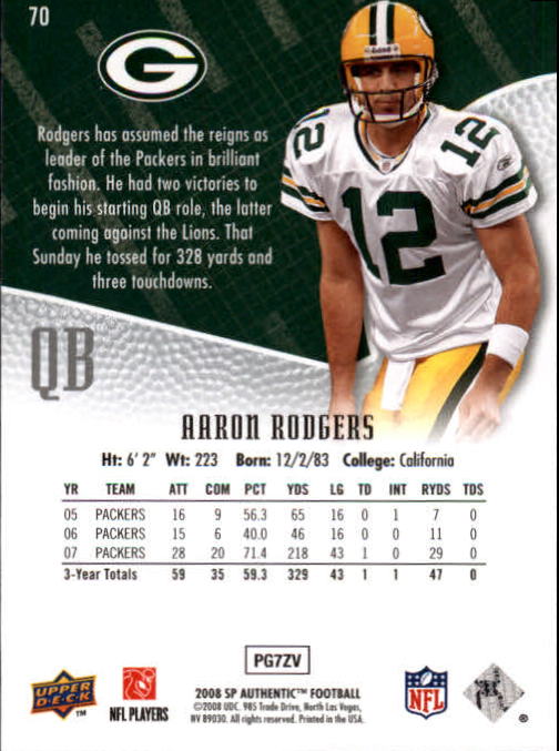2008 SP Authentic #70 Aaron Rodgers back image