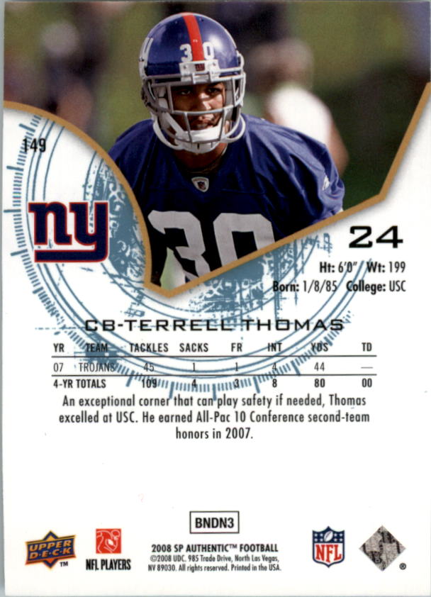 2008 SP Authentic #149 Terrell Thomas RC back image