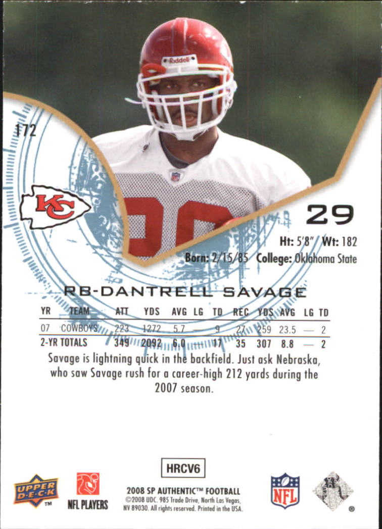 2008 SP Authentic #172 Dantrell Savage RC back image
