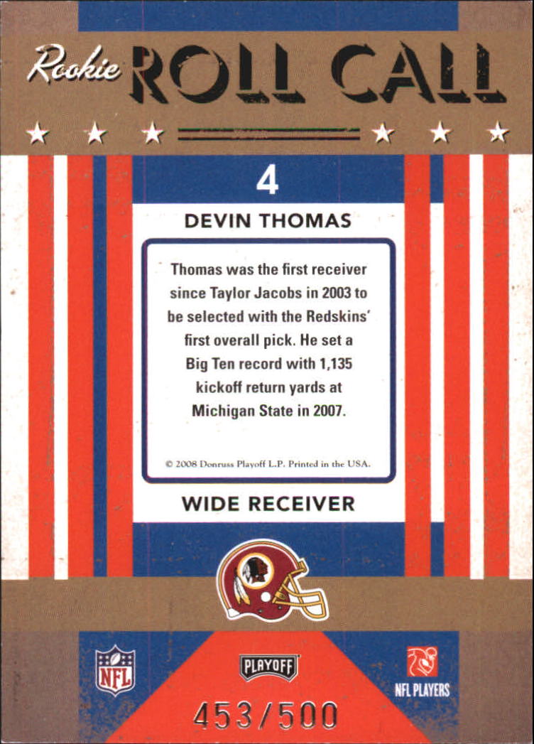 2008 Playoff Contenders Rookie Roll Call #4 Devin Thomas back image