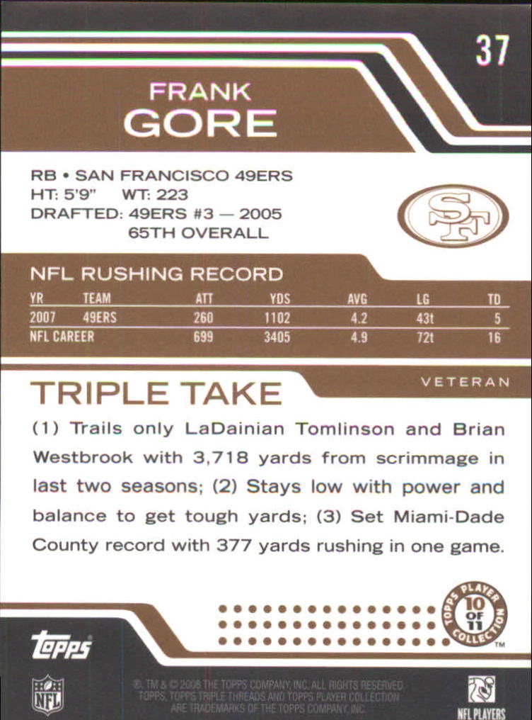 2008 Topps Triple Threads Sepia #37 Frank Gore back image