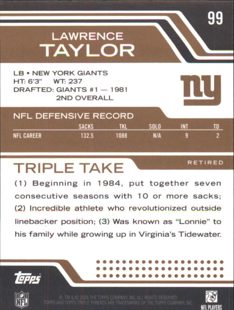 2008 Topps Triple Threads Sepia #99 Lawrence Taylor back image