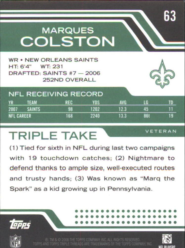 2008 Topps Triple Threads Emerald #63 Marques Colston back image