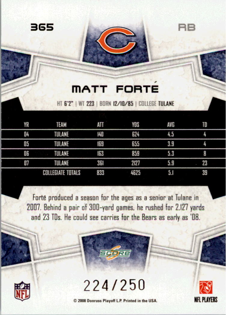 2008 Score Super Bowl XLIII Light Blue Glossy #365 Matt Forte back image