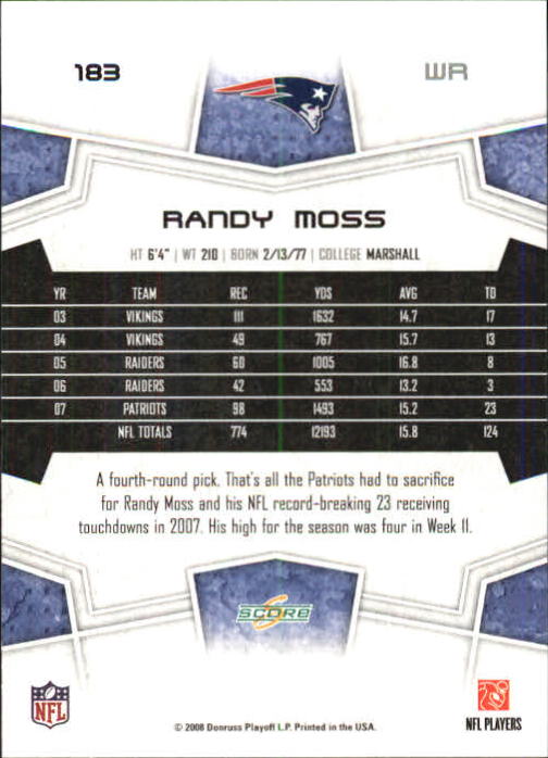 2008 Score Super Bowl XLIII Blue #183 Randy Moss back image