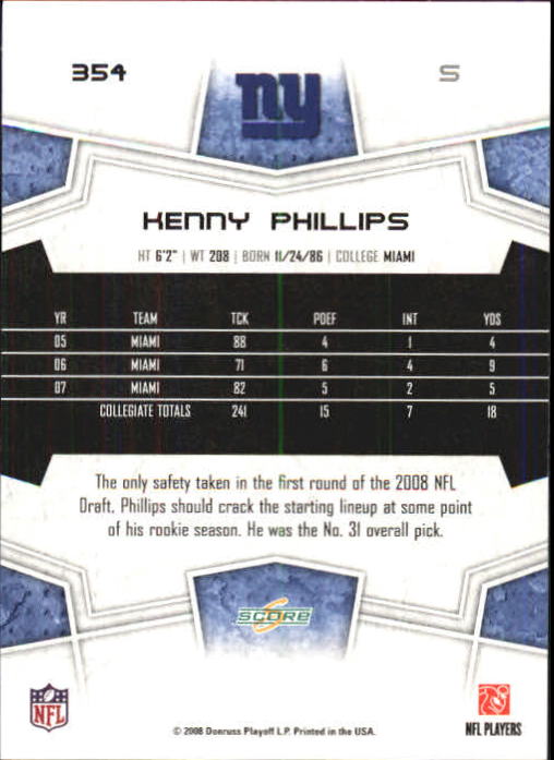 2008 Score Super Bowl XLIII Blue #354 Kenny Phillips back image