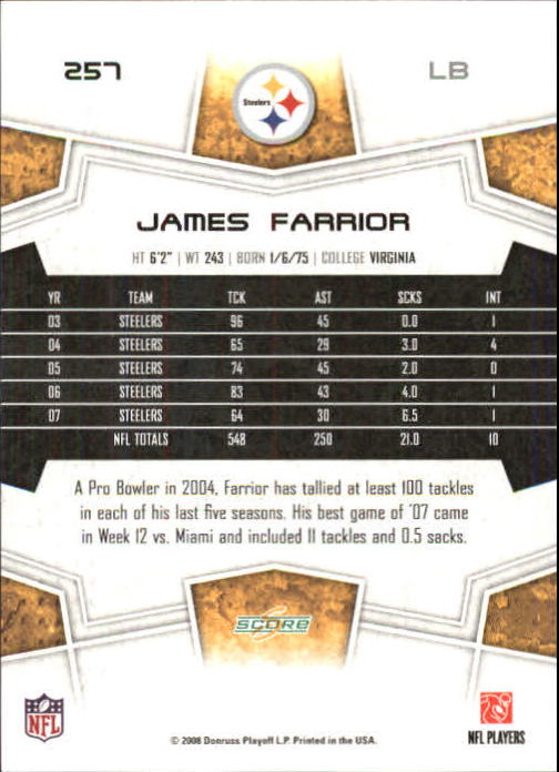 2008 Score Super Bowl XLIII Gold #257 James Farrior back image