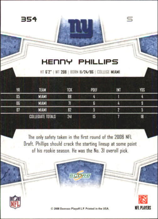 2008 Score Super Bowl XLIII Gold #354 Kenny Phillips back image