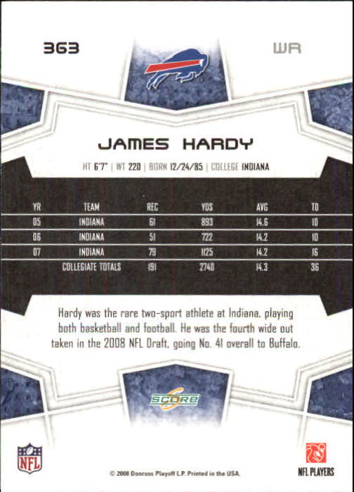 2008 Score Super Bowl XLIII Gold #363 James Hardy back image