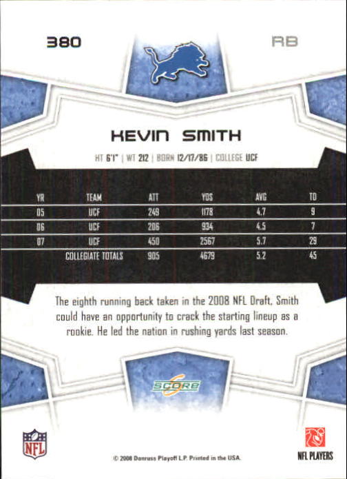 2008 Score Super Bowl XLIII Gold #380 Kevin Smith back image