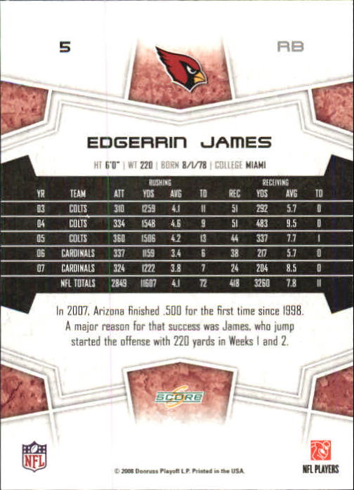 2008 Score Super Bowl XLIII Green #5 Edgerrin James back image