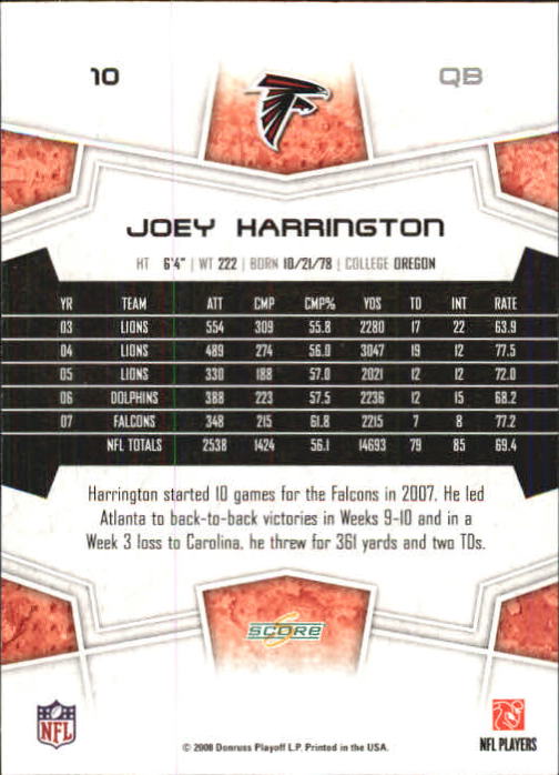 2008 Score Super Bowl XLIII Green #10 Joey Harrington back image