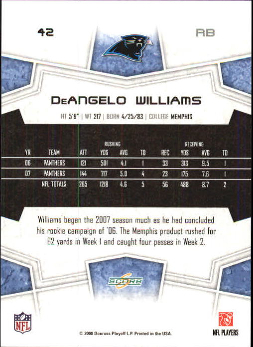 2008 Score Super Bowl XLIII Green #42 DeAngelo Williams back image