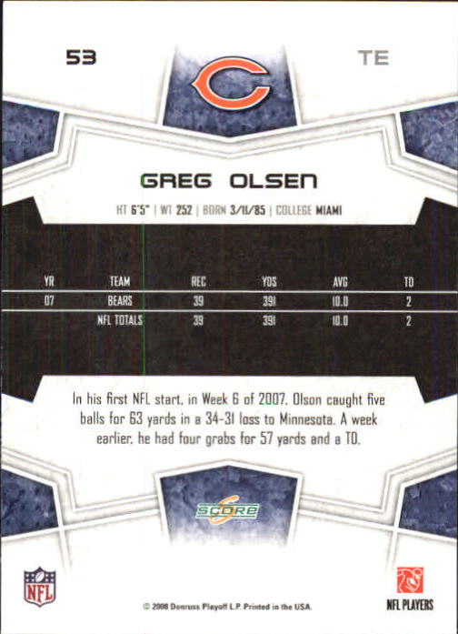2008 Score Super Bowl XLIII Green #53 Greg Olsen back image