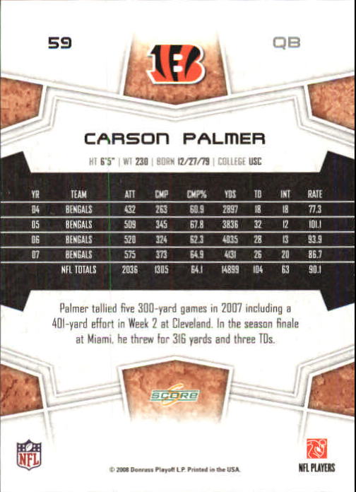 2008 Score Super Bowl XLIII Green #59 Carson Palmer back image