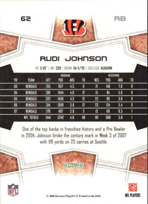 2008 Score Super Bowl XLIII Green #62 Rudi Johnson back image