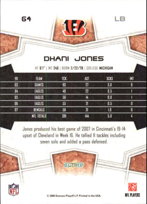 2008 Score Super Bowl XLIII Green #64 Dhani Jones back image