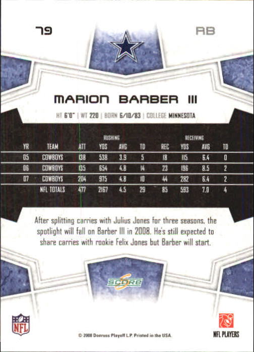 2008 Score Super Bowl XLIII Green #79 Marion Barber back image