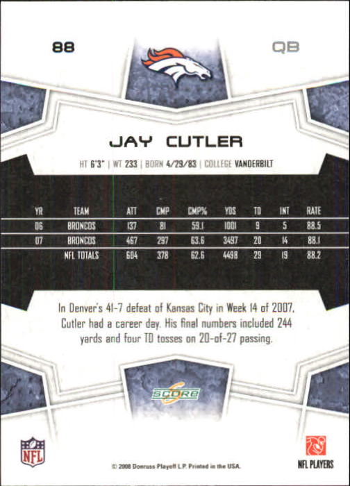 2008 Score Super Bowl XLIII Green #88 Jay Cutler back image