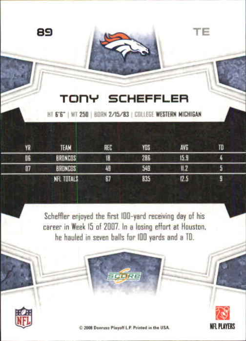 2008 Score Super Bowl XLIII Green #89 Tony Scheffler back image