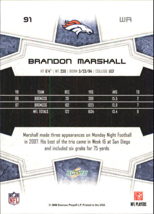 2008 Score Super Bowl XLIII Green #91 Brandon Marshall back image