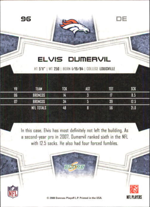 2008 Score Super Bowl XLIII Green #96 Elvis Dumervil back image