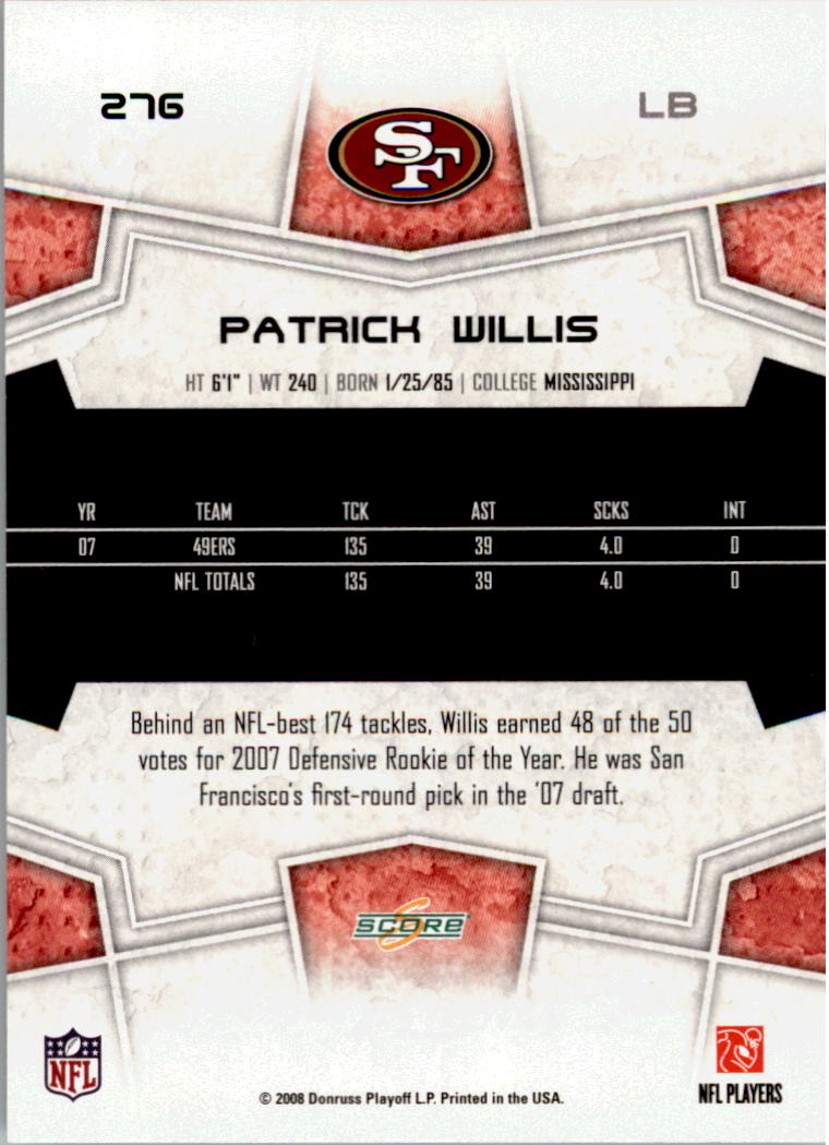 2008 Score Super Bowl XLIII Green #276 Patrick Willis back image