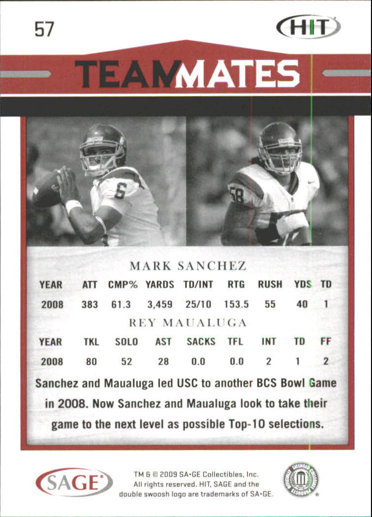 2009 SAGE HIT Silver #57 Mark Sanchez TM/Rey Maualuga back image