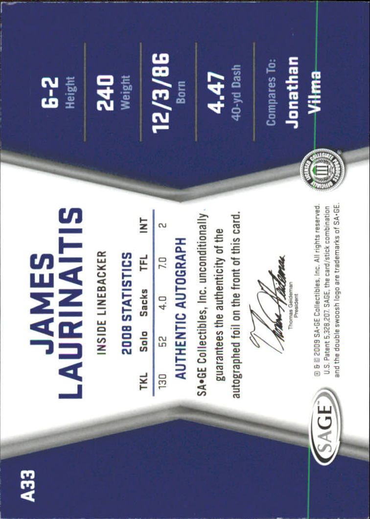 2009 SAGE HIT Autographs Silver #33 James Laurinaitis back image