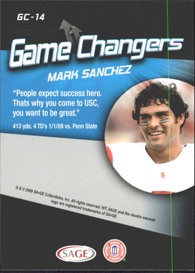 2009 SAGE HIT Game Changers #G14 Mark Sanchez back image