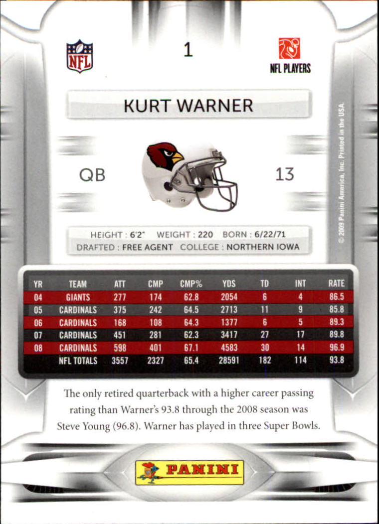 2009 Playoff Prestige #1 Kurt Warner back image