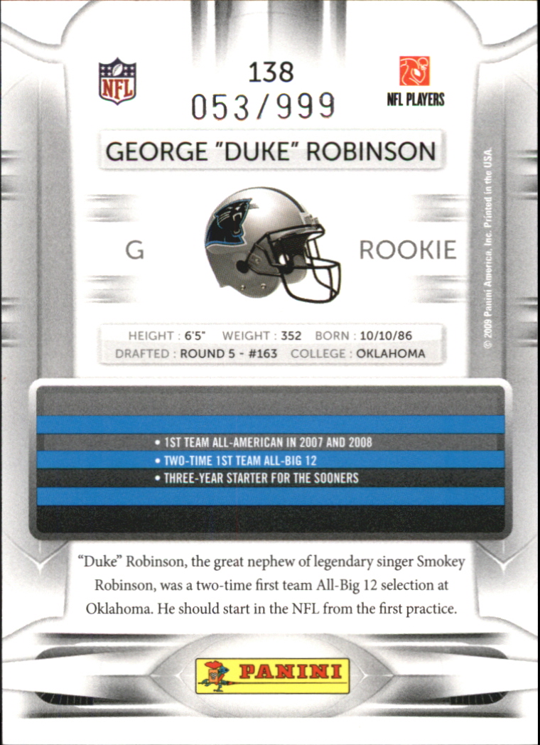 2009 Playoff Prestige Draft Picks Light Blue #138 Duke Robinson back image