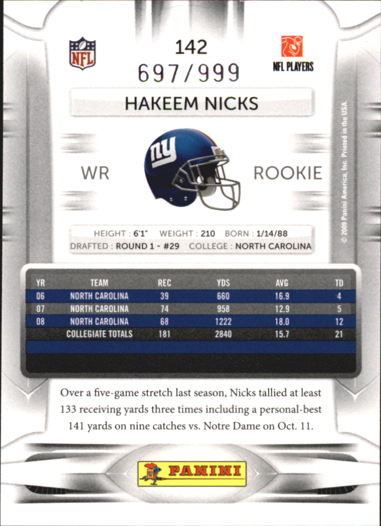 2009 Playoff Prestige Draft Picks Light Blue #142 Hakeem Nicks back image