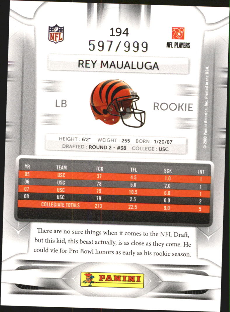 2009 Playoff Prestige Draft Picks Light Blue #194 Rey Maualuga back image