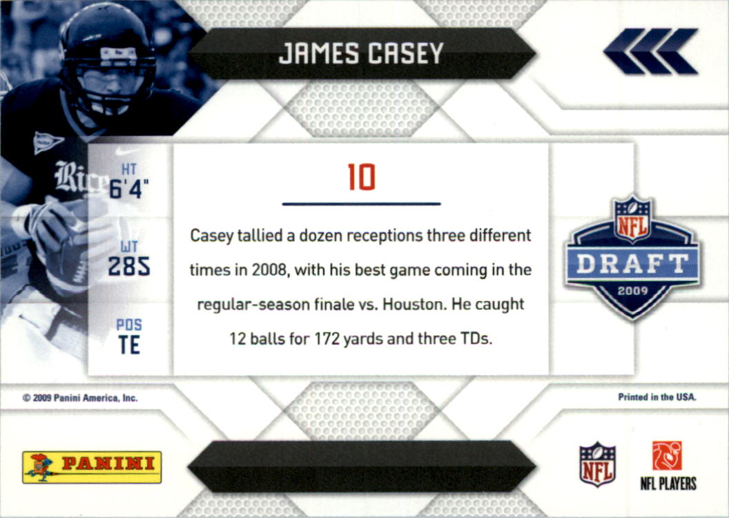 2009 Playoff Prestige NFL Draft #10 James Casey back image