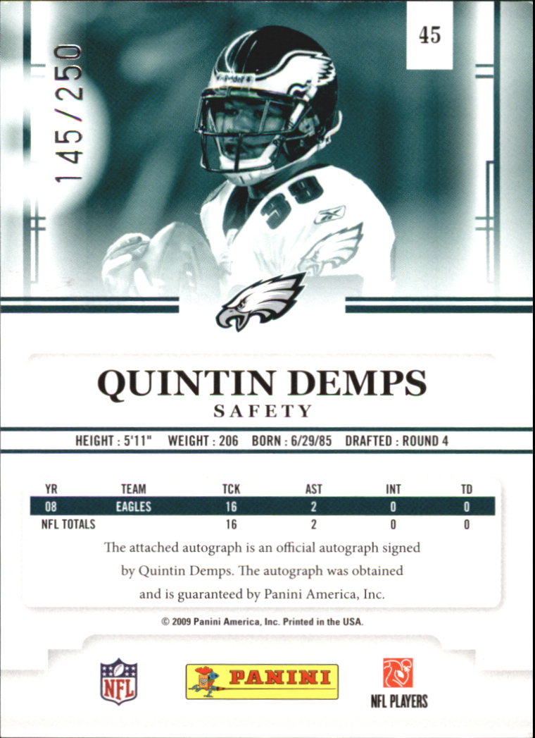 2009 Playoff Prestige Rookie Review Autographs #45 Quintin Demps/250 back image
