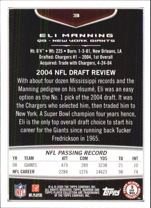 2009 Bowman Draft #3 Eli Manning back image