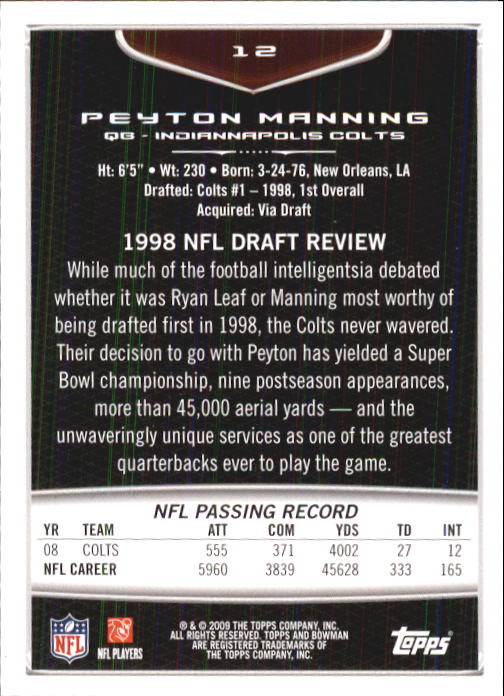 2009 Bowman Draft #12 Peyton Manning back image