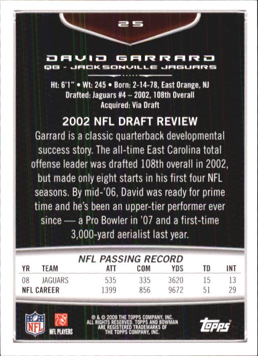 2009 Bowman Draft #25 David Garrard back image
