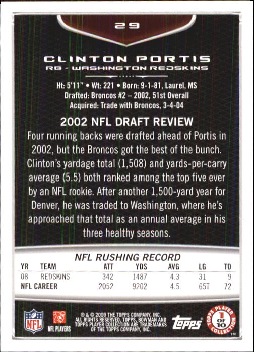 2009 Bowman Draft #29 Clinton Portis back image