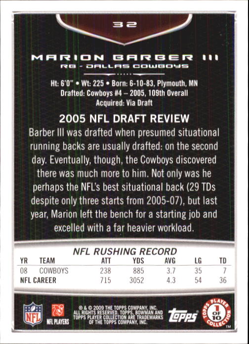 2009 Bowman Draft #32 Marion Barber back image