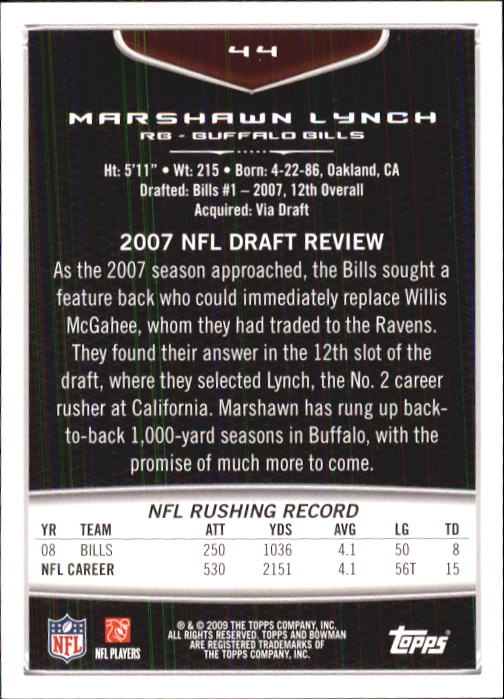 2009 Bowman Draft #44 Marshawn Lynch back image