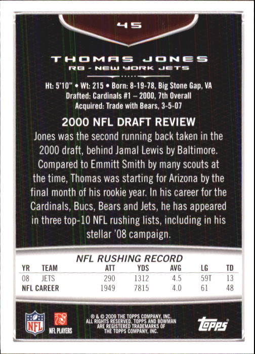 2009 Bowman Draft #45 Thomas Jones back image